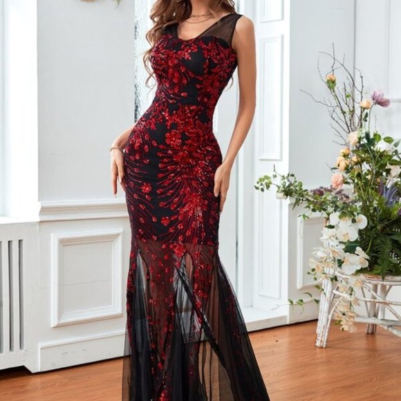 VALENTINES RED SEQUIN MESH DRESS - Picture 2 of 6